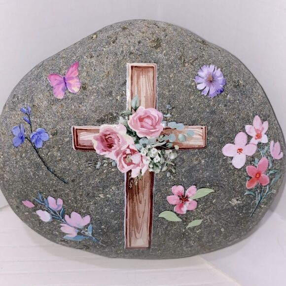 Floral Cross Decor on Stone Hand Crafted - Picture 3 of 5